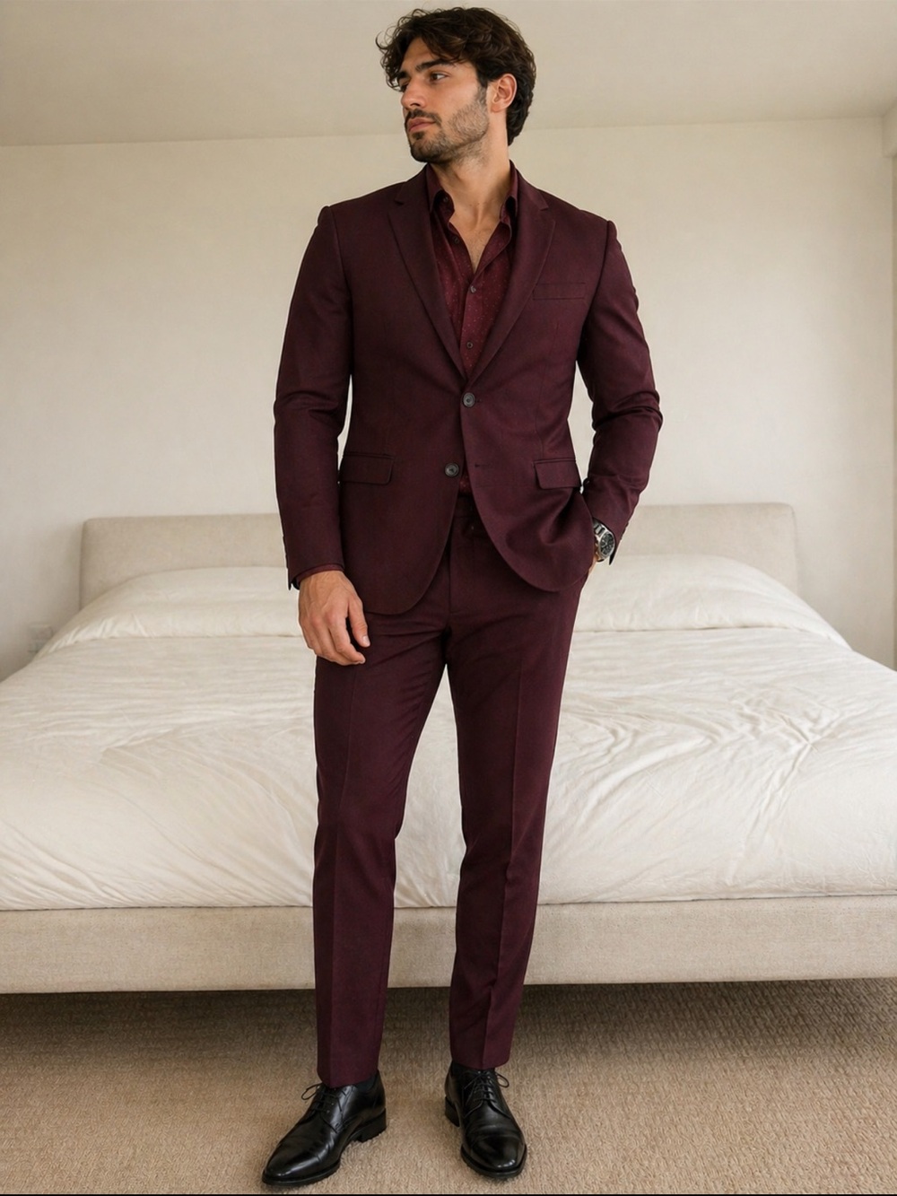 Men's Burgundy Slim Fit Suit Jacket & Trousers
